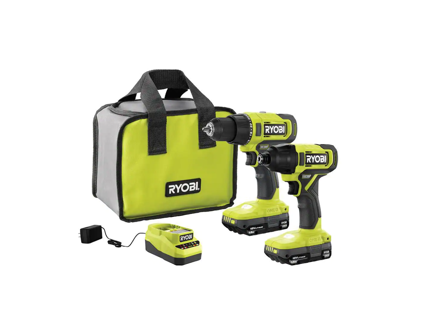 RYOBI PCL1200K2 ONE+ 18V Cordless 2-Tool Combo Kit with Drill Driver， Impact Driver， (2) 1.5 Ah Batteries， and Charger