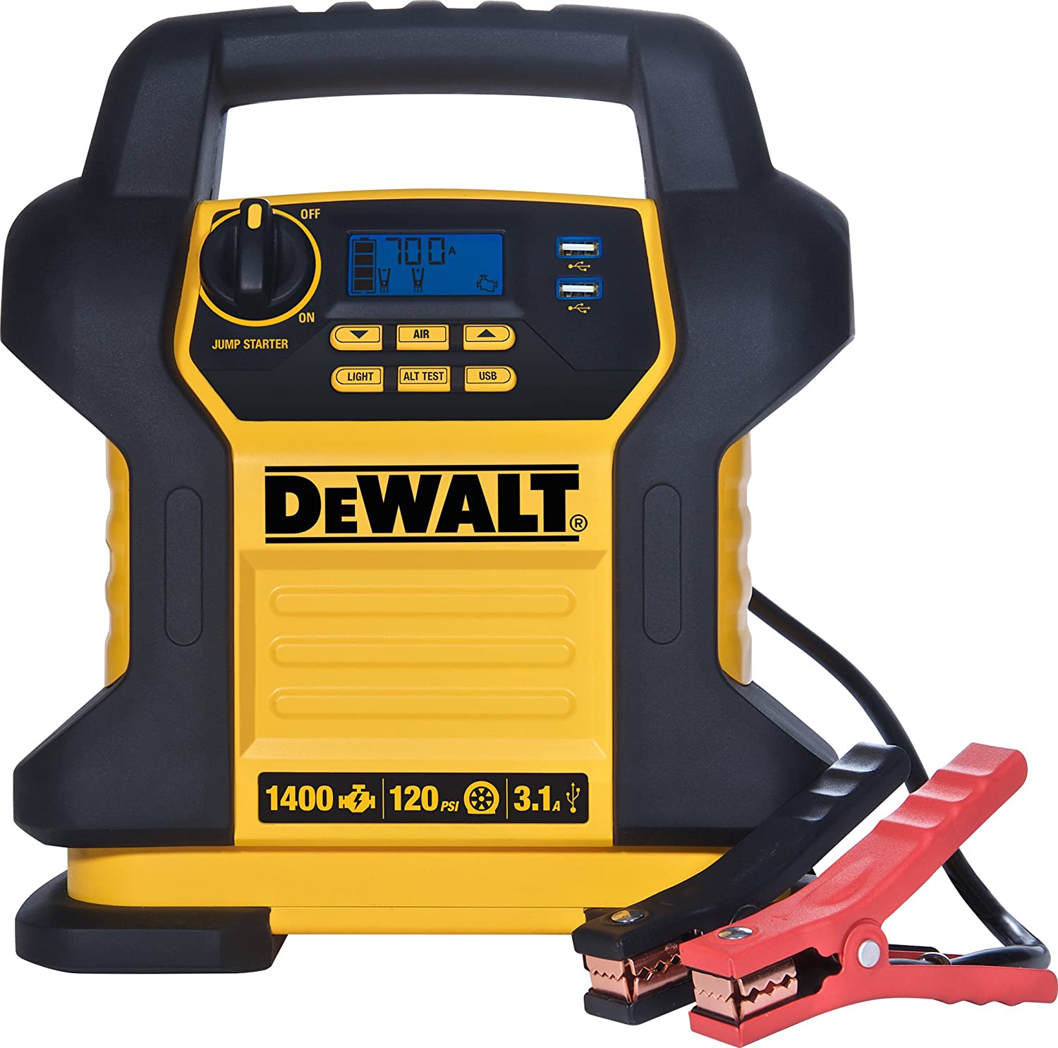 DEWALT DXAEJ14 Digital Portable Power Station Jump Starter， 1400 Peak/700 Instant Amps， 120 PSI Air Compressor， 3.1A USB Ports， Battery Clamps