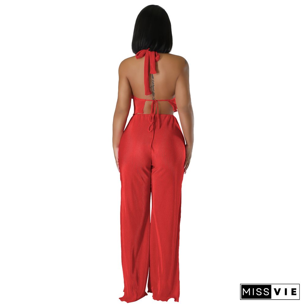 Halter Backless Crop Tops Wide Leg Pants Set