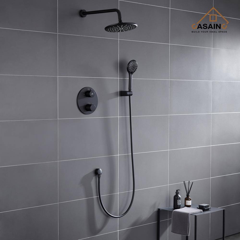 CASAINC 3-Spray Patterns 9 in. Wall Mount Dual Shower Heads Matte Black (Thermostatic Valve Included) HM-T206-RO-MB