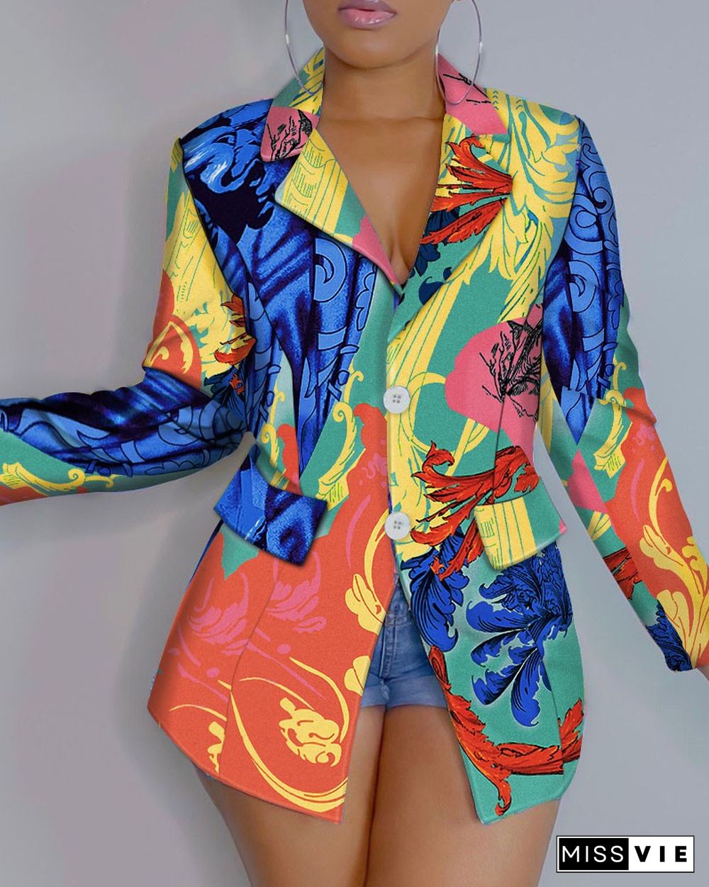 Floral Print Buttoned Pocket Decor Blazer Coat