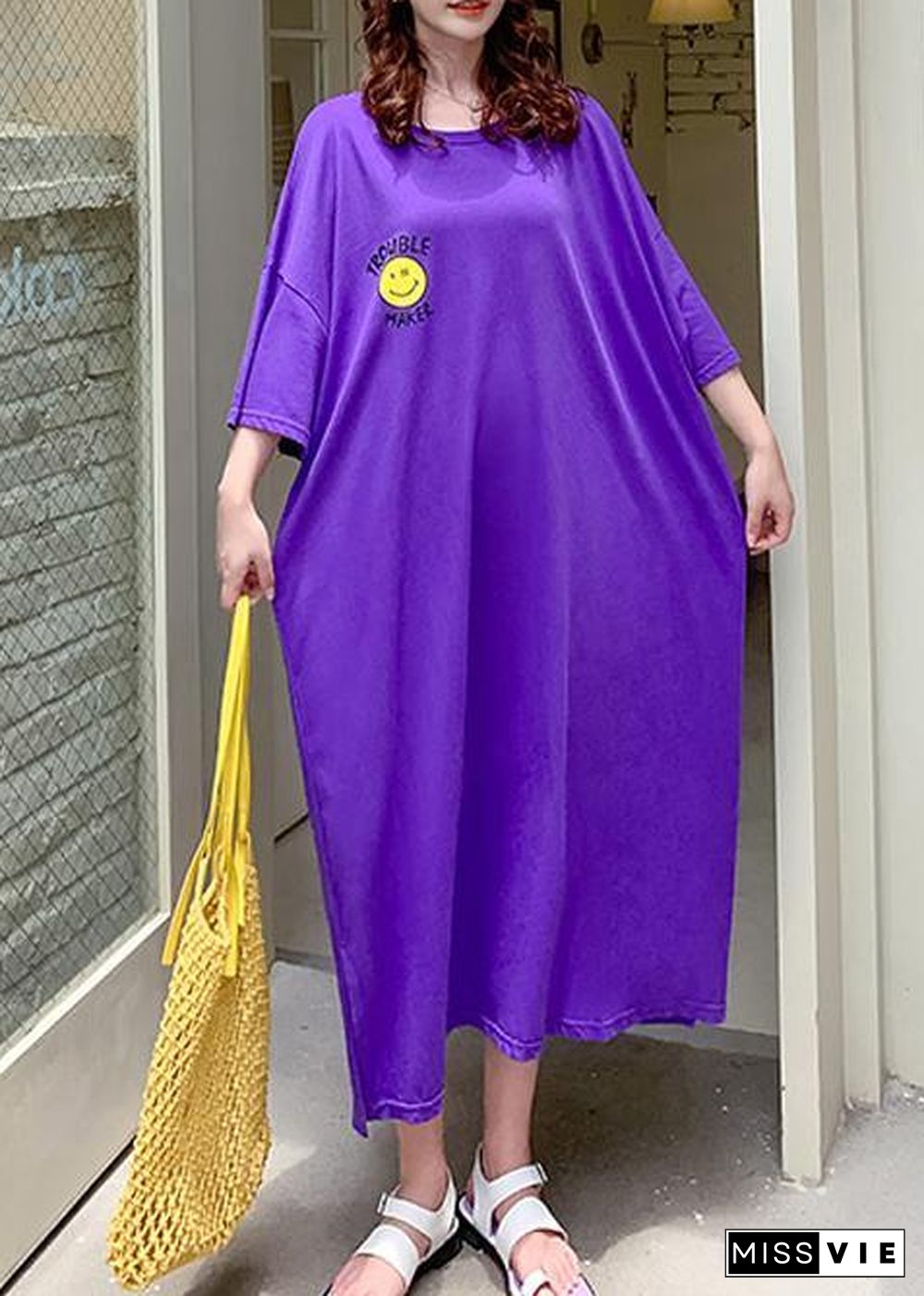 Vivid purple Cartoon print clothes For Women o neck side open Robe summer Dresses