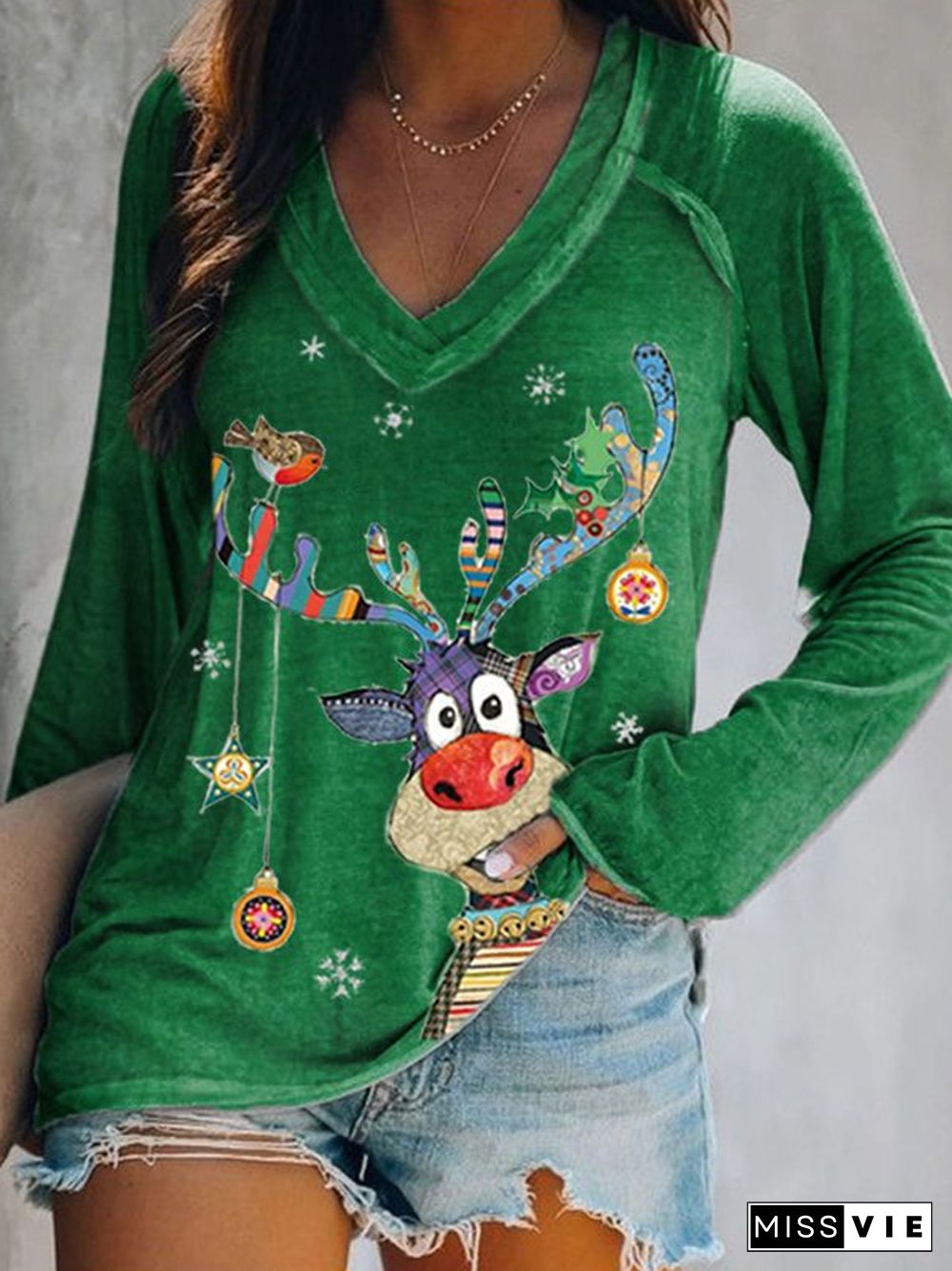 Christmas Printed Casual V Neck T-shirt