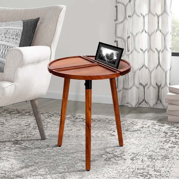 18 Inch Round Acacia Wood Side Accent End Table with 3 Tabletop Sections， Warm Brown