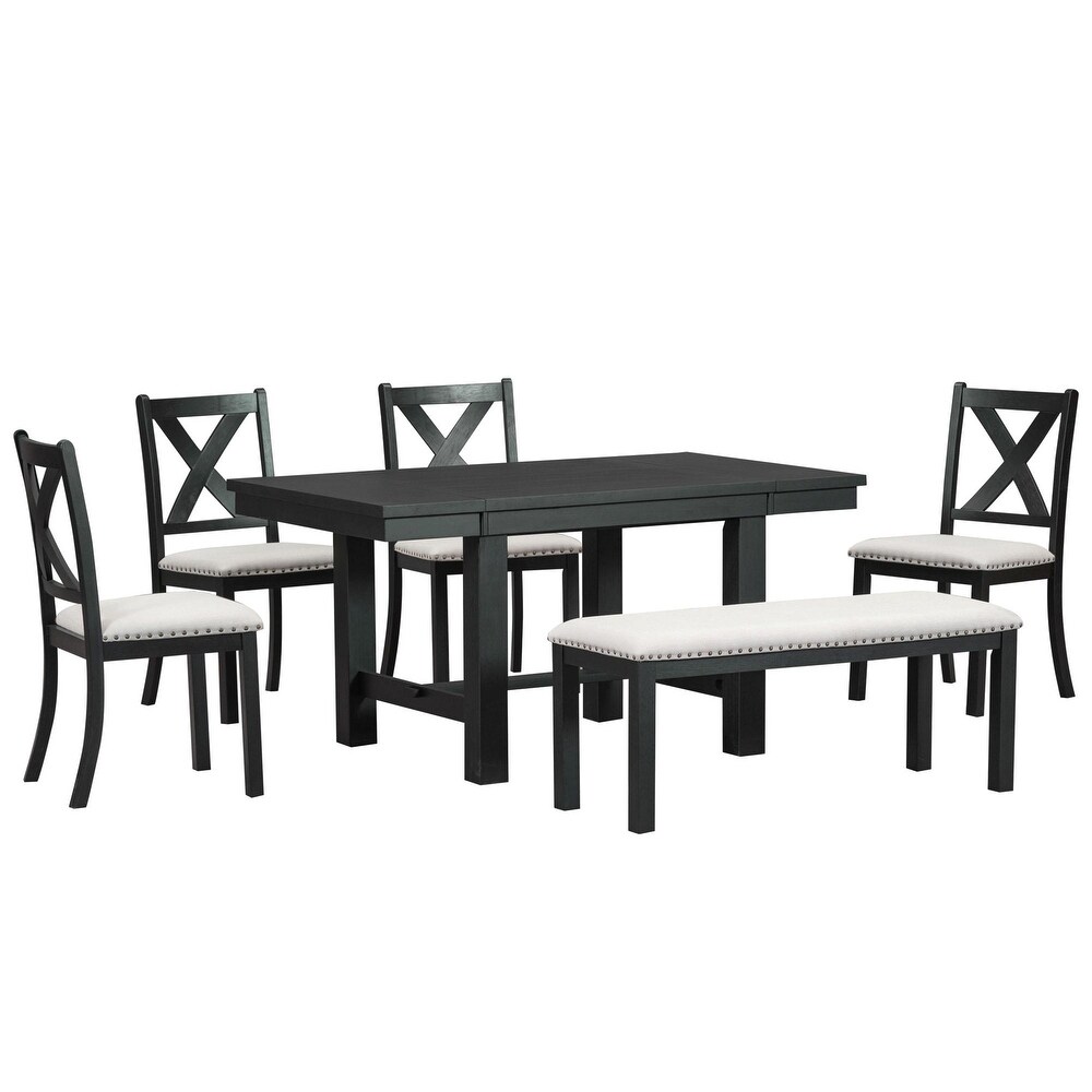 Extendable Dining Table Set with Chairs  Bench  and Footrest (6 Piece)