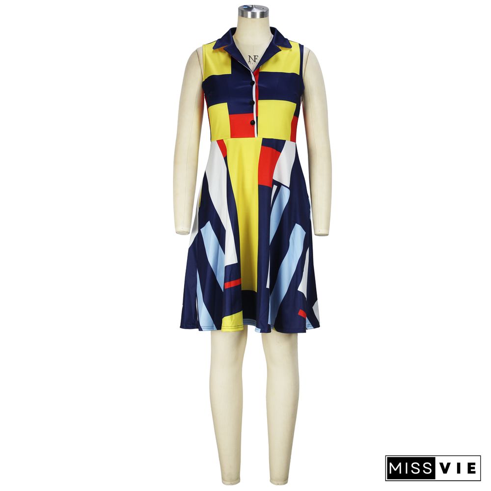 Color Block Print Sleeveless Elegant Dresses