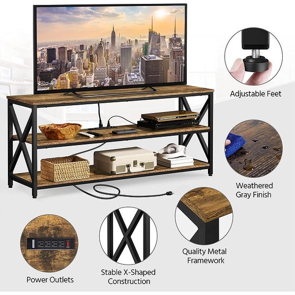 TV Stand with Power Outlets to 65 Inches， Industrial TV Console with 3-Tier Storage Shelves， Media Entertainment Center