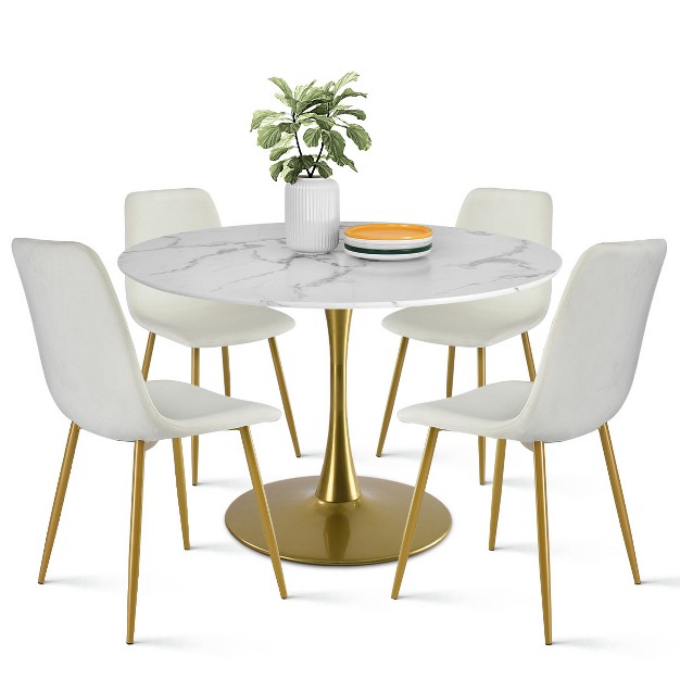 Harris bingo 5 piece Round shaped Artificial Marble Dining Table Set With 4 Velvet Upholstered Chairs Gold Legs maison Boucle