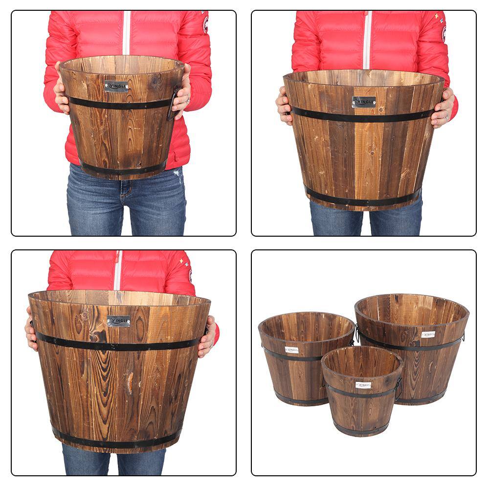 VINGLI Wooden Planter Barrel Set Real Wood Rustic Flower Pot with Drainage Holes (3-Piece) HDG26000841