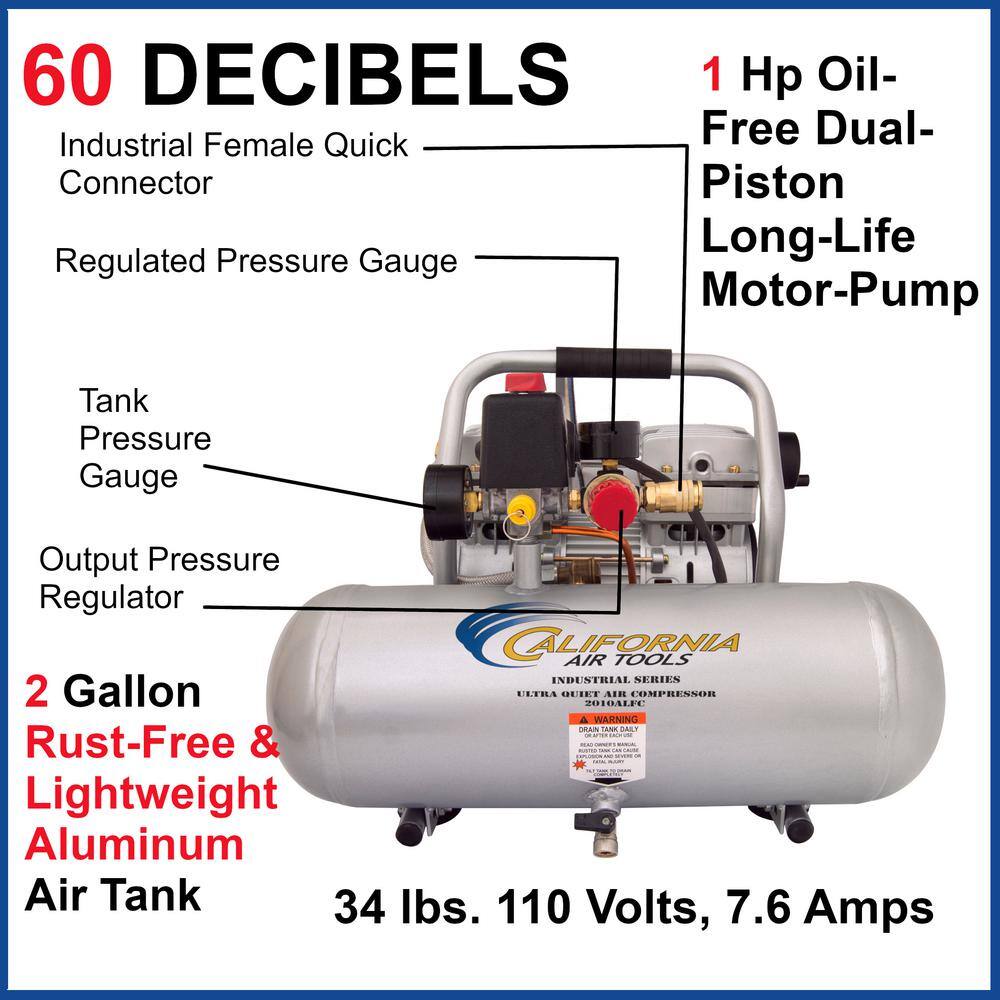 California Air Tools Industrial 2-Gal. 1 HP Ultra Quiet Oil-Free and Lightweight Electric Air Compressor 2010ALFC