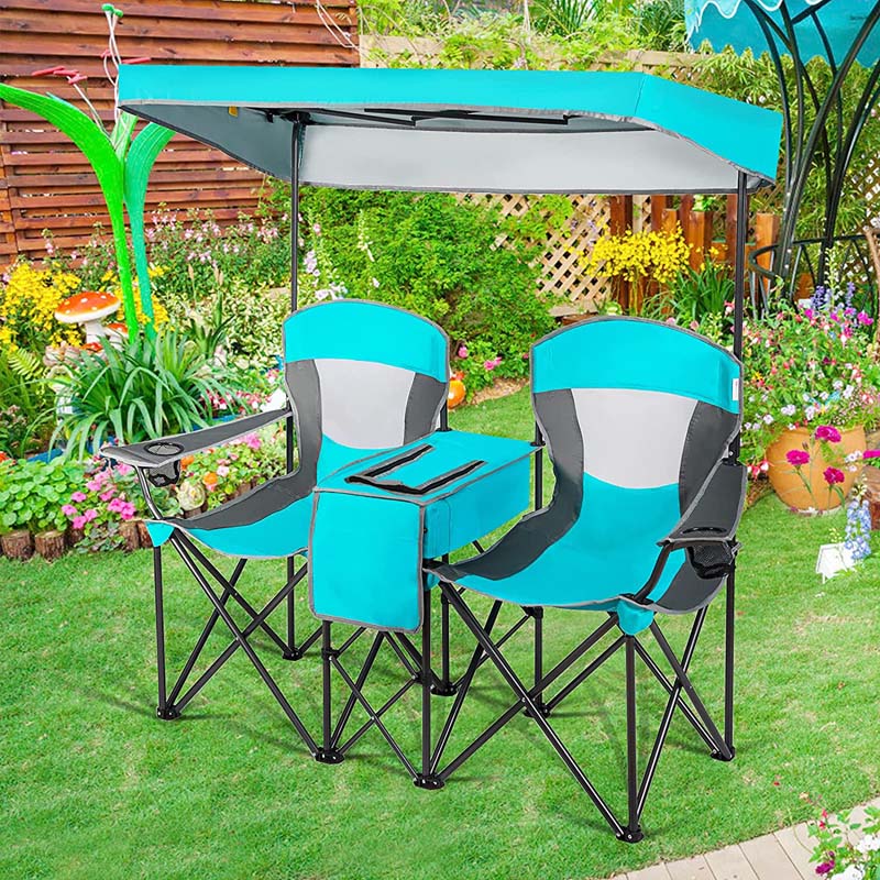 Double Sunshade Camping Canopy Chair with Mini Table, Cup Holder, Portable Folding Beach Chair with Canopy