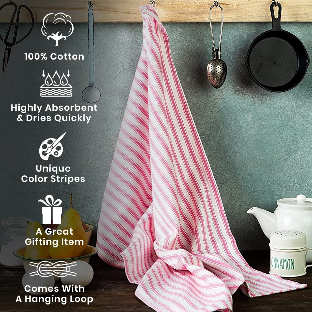 Cotton Carnival Set of 6 Kitchen Dish Towels， 100% Cotton Kitchen Towels， with Hanging Loop， Dishcloth Sets for Washing and Drying Dishes， Tea Towels and Hand Towels 18x28， French Stripe， Pink