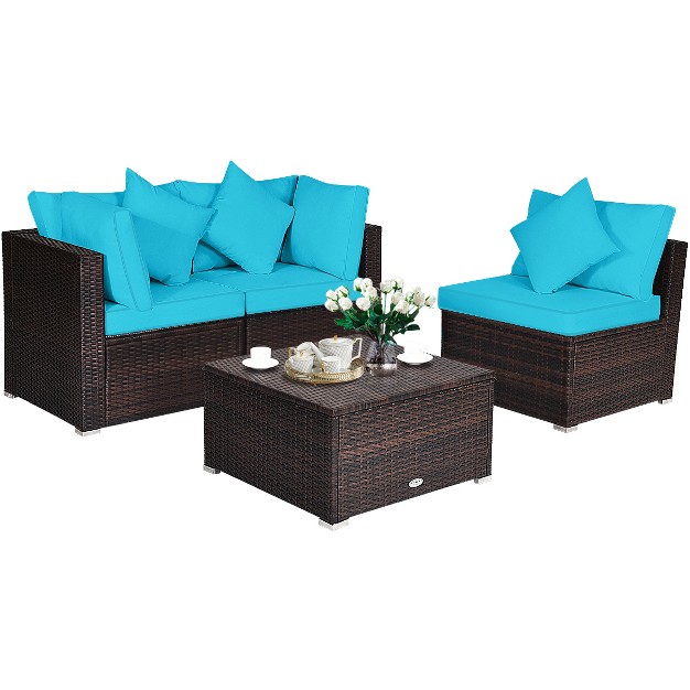 Tangkula 4 piece Outdoor Rattan Sofa Set Sectional Conversation Couch Ottoman Turquoise red