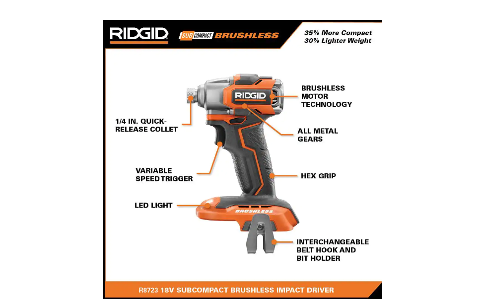 RIDGID R8723B 18V Brushless SubCompact 1/4 in. Impact Driver (Tool Only)