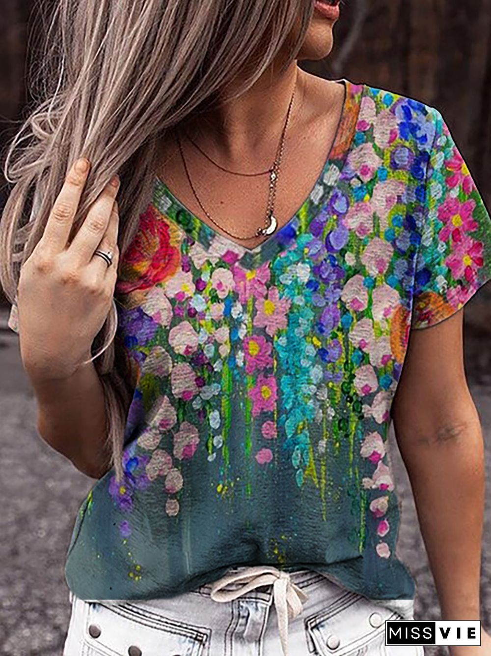 Plus size Short Sleeve Floral T-shirt