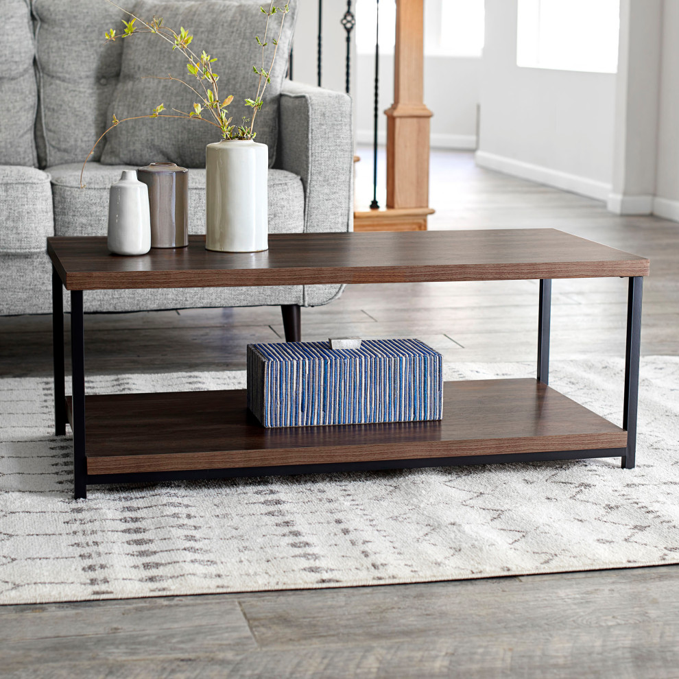 Rectangular Coffee Table  Storage Shelf Mid Century Walnut  Black Metal   Transitional   Coffee Tables   by Household Essentials  Houzz