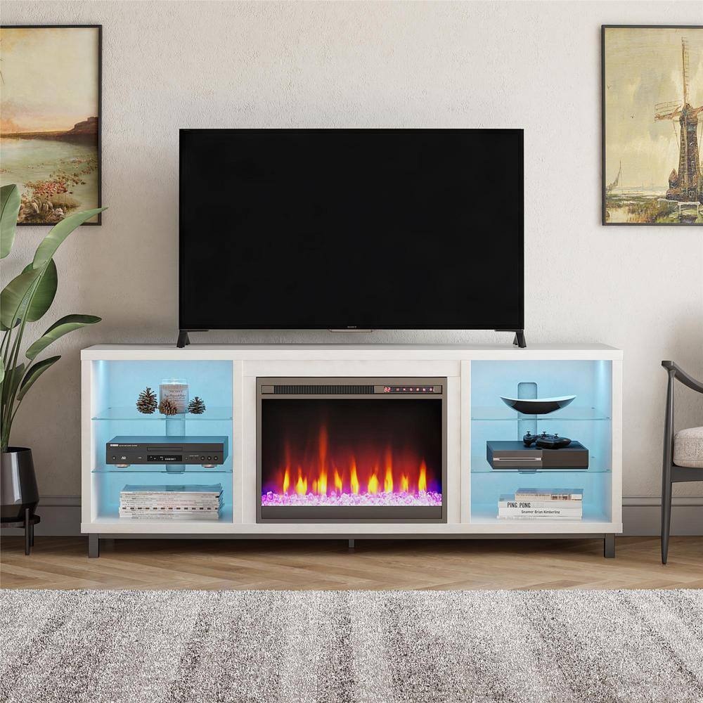 Ameriwood Home Cleavland 64.75 in. Freestanding Electric Fireplace TV Stand in White Plaster HD26751