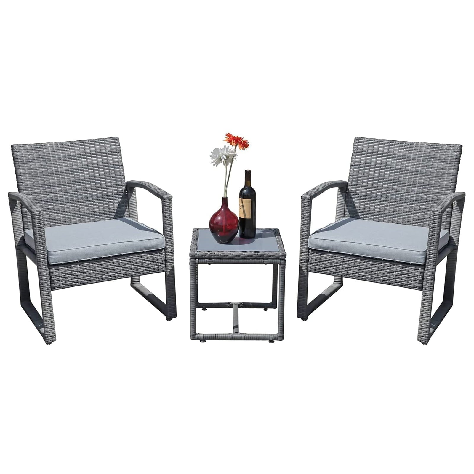 3 Pieces Patio Furniture Set, Outdoor Wicker Conversation Set, Patio Rattan Chair Set with Coffee Table, Modern Bistro Set for Garden Balcony Backyard Poolside, Light Grey