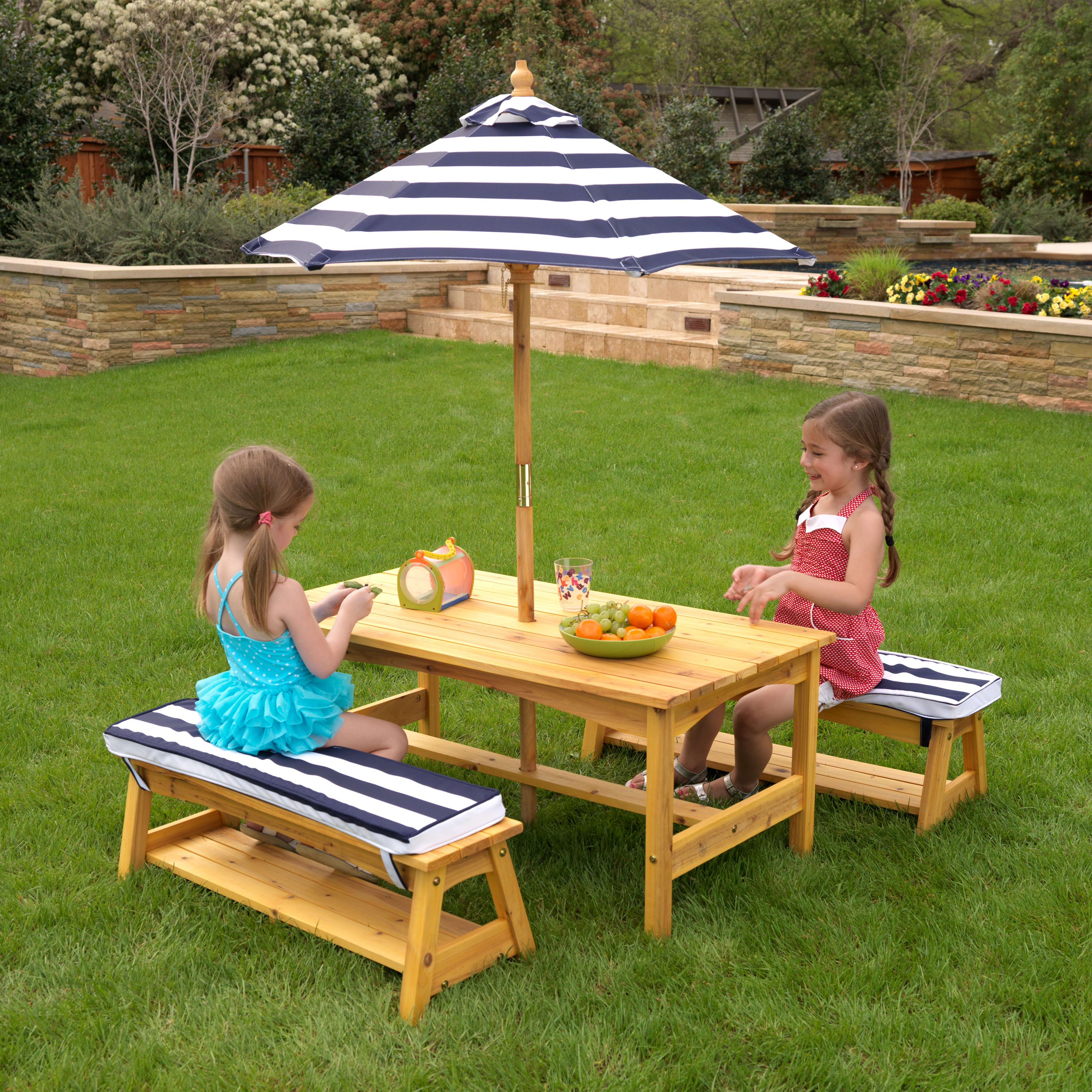 KidKraft Outdoor Wooden Table & Benches with Cushions & Umbrella, Navy