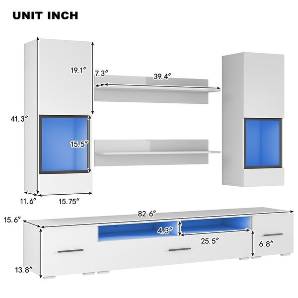 7-Piece Extended Minimalist Floating TV Stand Set High Gloss RGB LED Wall Mounted Entertainment Center for 90+ inch TV