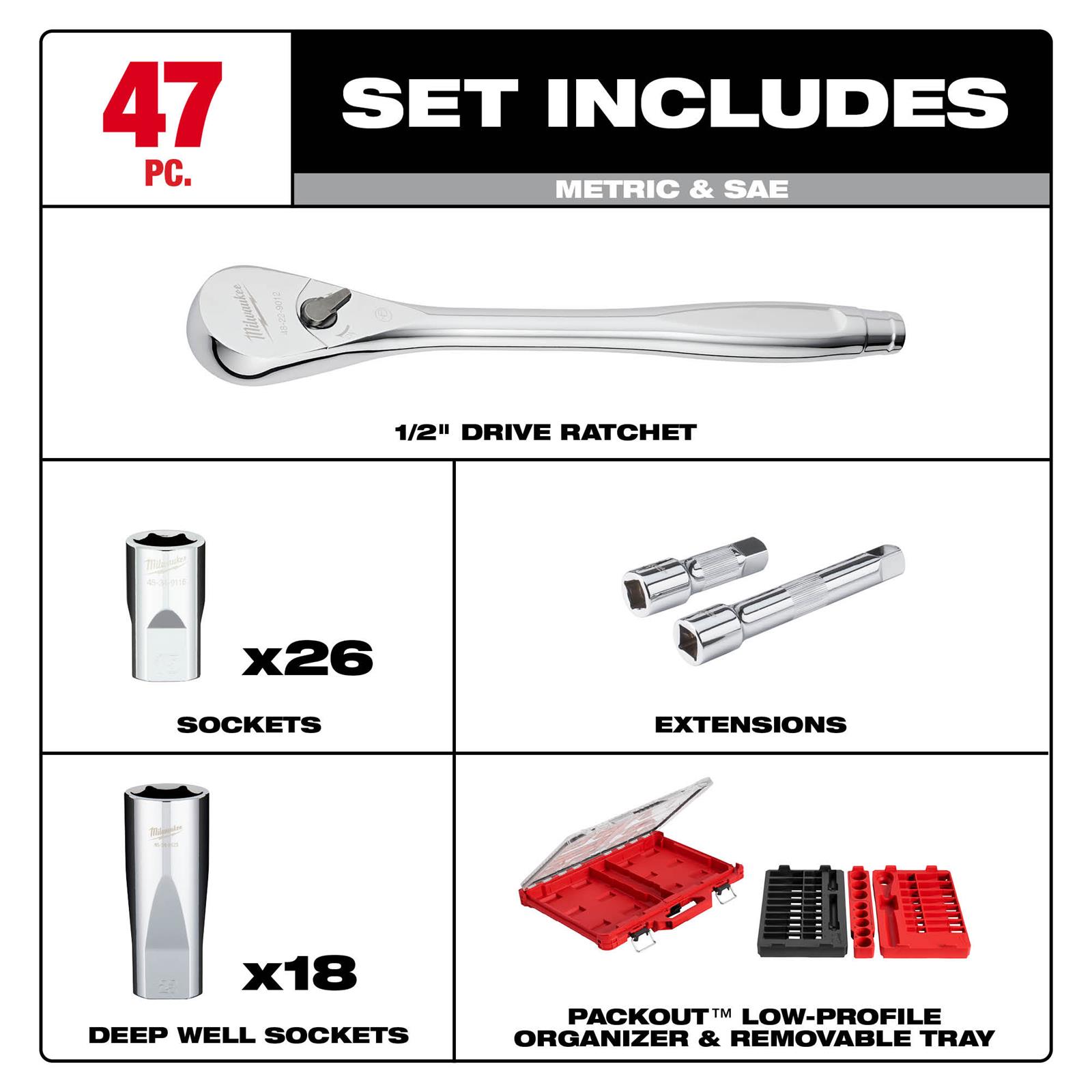 Milwaukee Tool 48-22-9487 Milwaukee 47-Piece Ratchet and Socket Sets