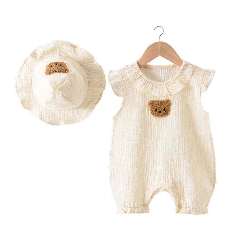 2Pcs Baby Summer Jumpsuits Hat Set Bear Muslin Newborn Romper for Boys Girls Clothes Toddler Onesie Infant Outfit Clothing