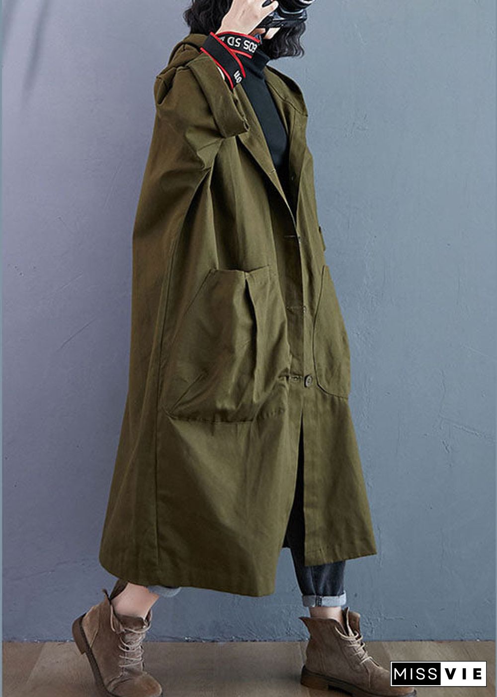 Elegant Army Green Pockets Button Fall Hooded Long sleeve Trench Coats