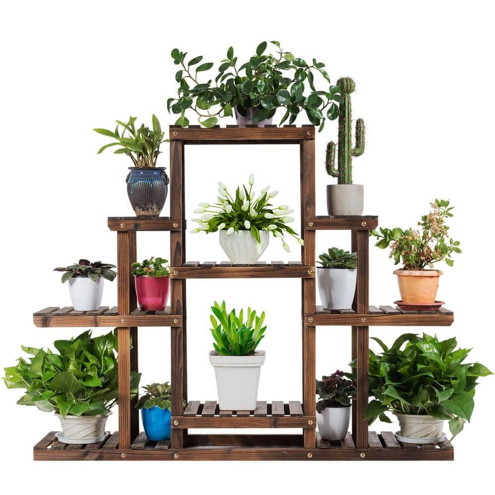 Costway 6-Tier Carbon Baking Wood Outdoor Plant Stand Plant Display Rack Multifunctional Storage Shelf GT3437