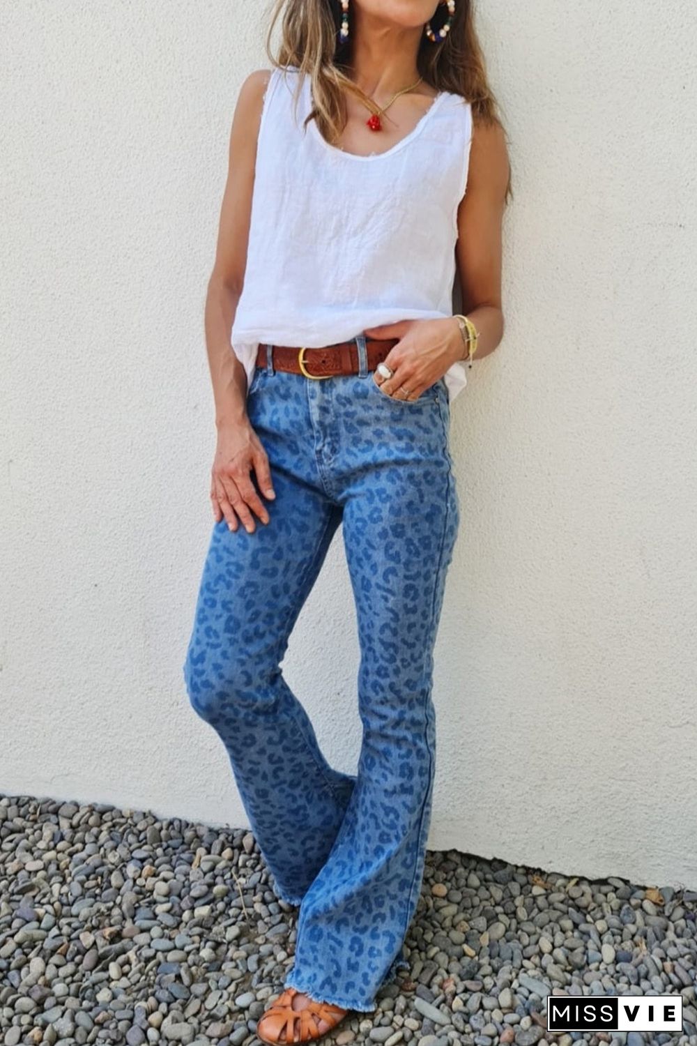 Sky Blue Leopard Print Raw Hem High Waist Flare Jeans