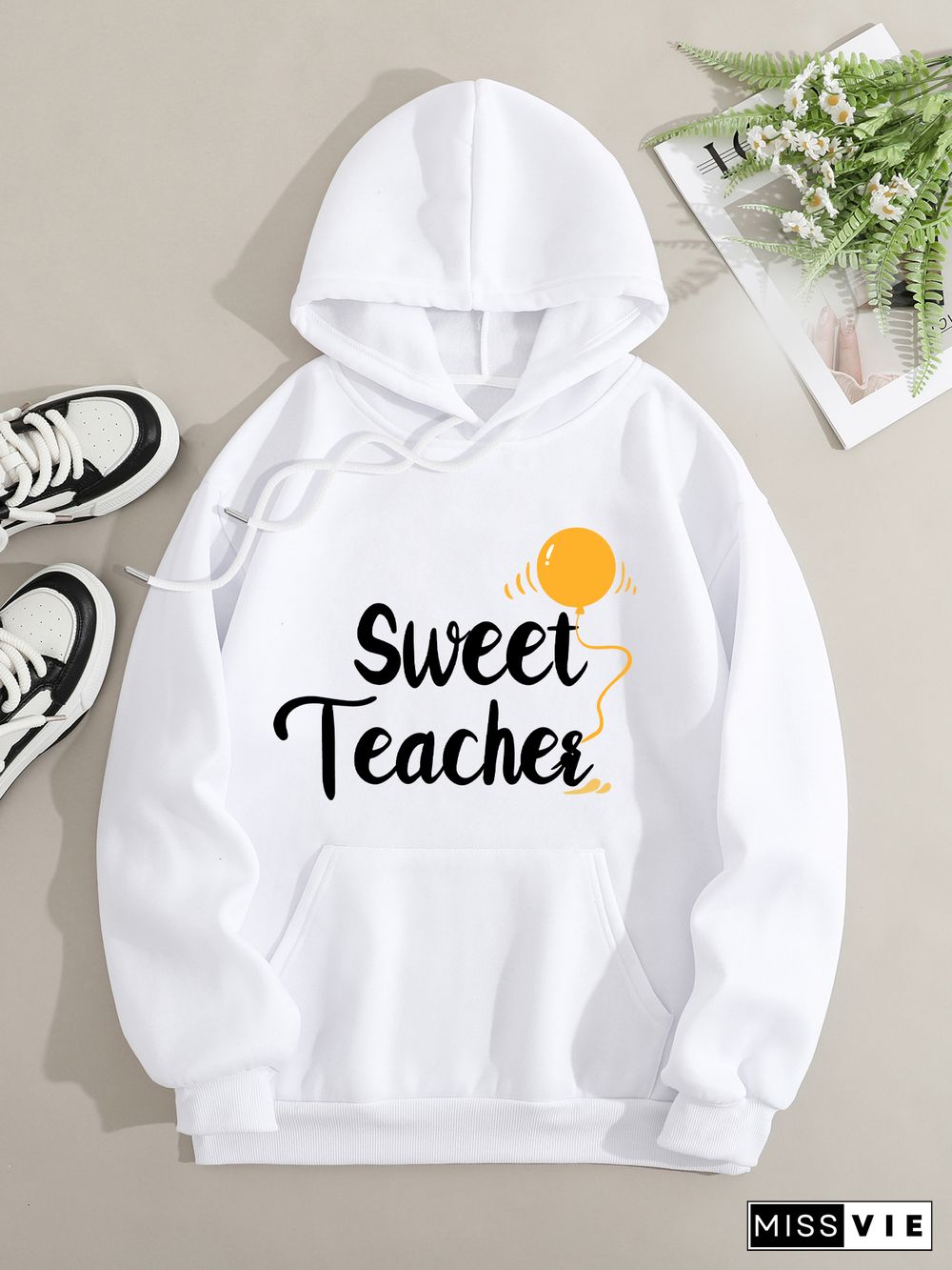 Printed on front Kangaroo Pocket Hoodie Long Sleeve for Women Pattern Sweet teacher