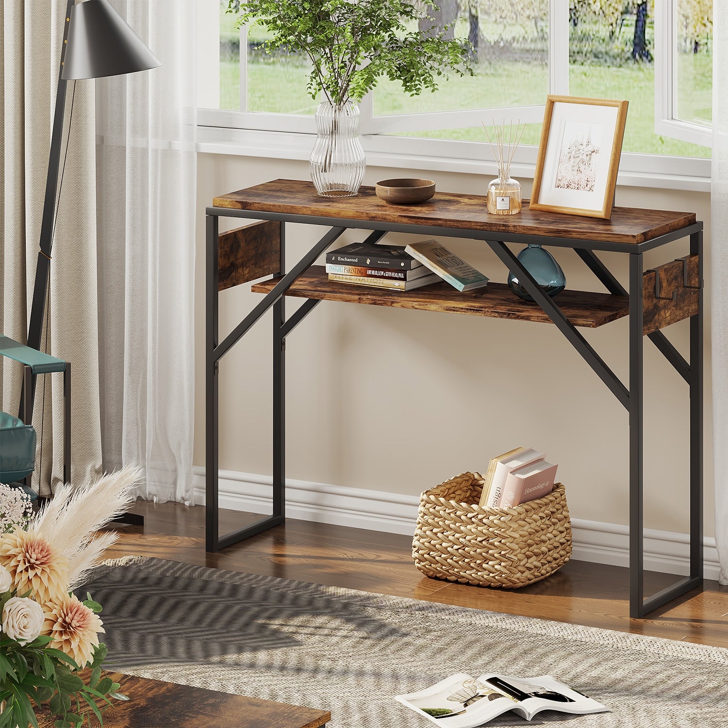 Farmhouse Console Sofa Table Entry Table with 2 Tier Shelves