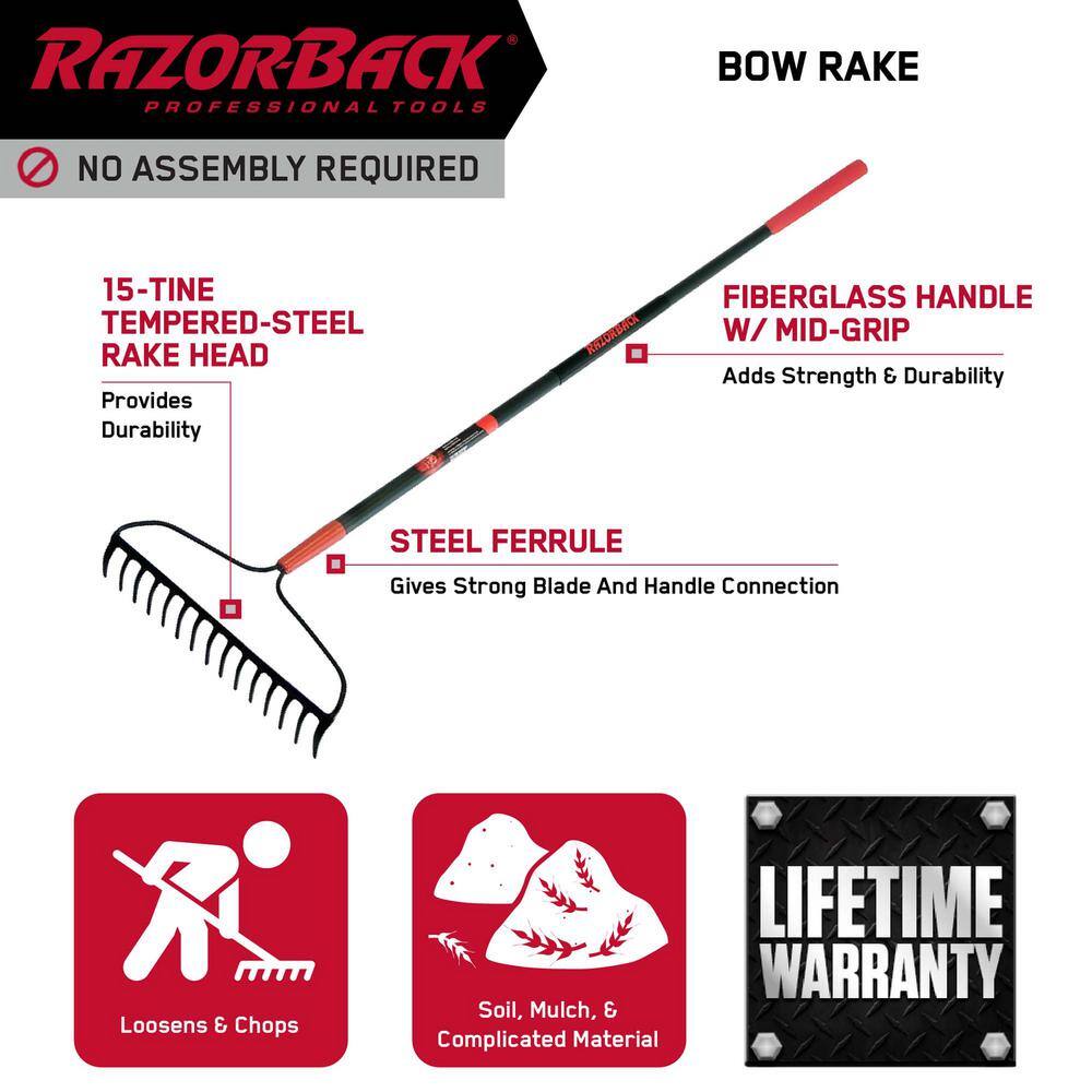 Razor-Back 60.75 in. Fiberglass Handle15-Tine Forged Steel Bow Rake 2853900