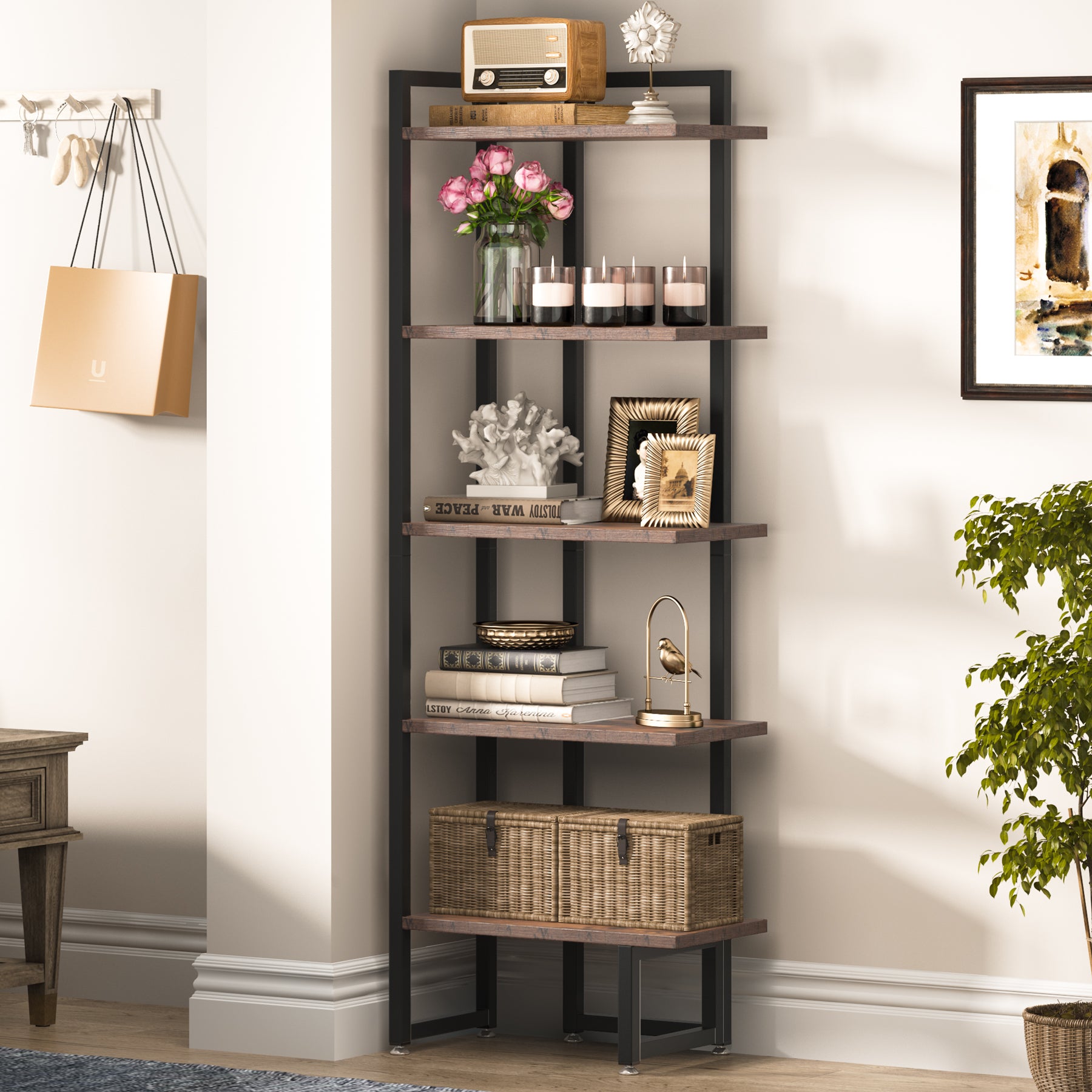 Industrial Corner Shelf, 5-Tier Corner Bookshelf  Storage Rack