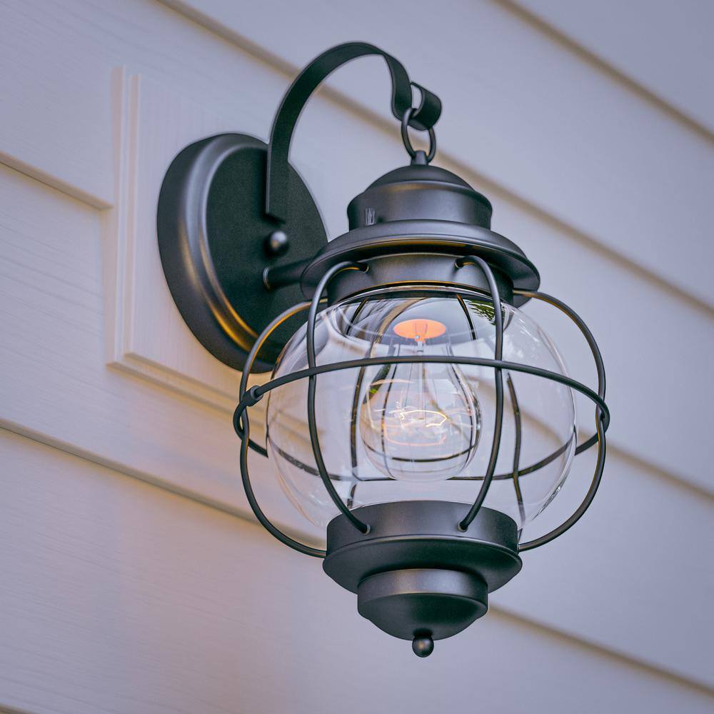 Home Decorators Collection Greer 1-Light Black Exterior Wall Lantern Sconce with Caged Seeded Glass HDP13669