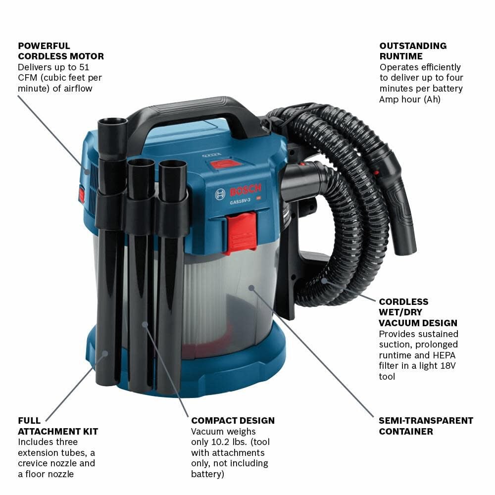 Bosch 18 V 2.6-Gallon Wet/Dry Vacuum Cleaner with HEPA Filter (Bare Tool) GAS18V-3N from Bosch