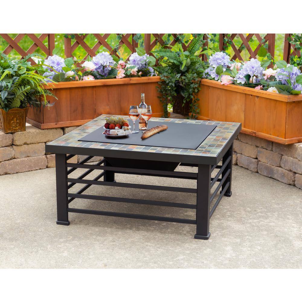 Pleasant Hearth Cascade Slate Top 34 in. Wx22.5 in. H Square Steel Wood Black Fire Pit OFW732S