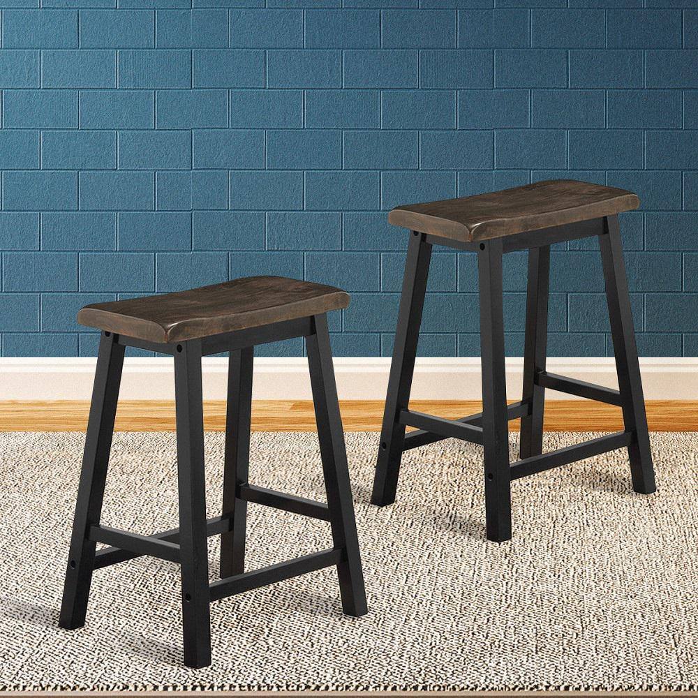 Gymax 24 in. H Gray Backless Wood Saddle Seat Pub Chair Home Kitchen Dining Room Bar Stools (Set of 2) GYM02711