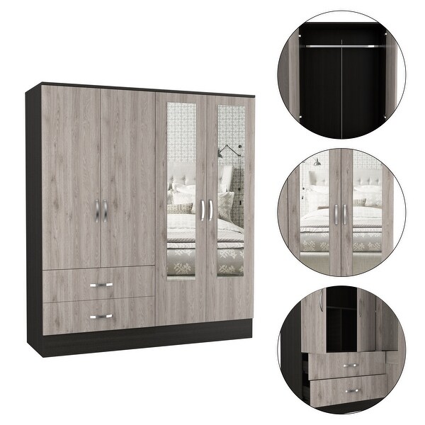 FM FURNITURE Florencia Mirrored New Vintage Armoire with Two Cabinets With Divisions and Two Drawers - - 33834917