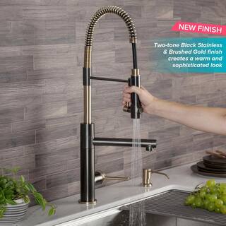 KRAUS Artec Pro Single-Handle Pull Down Sprayer Kitchen Faucet with Deck Plate in Black Stainless SteelBrushed Gold Finish KPF-1603SBBG-DP03SB