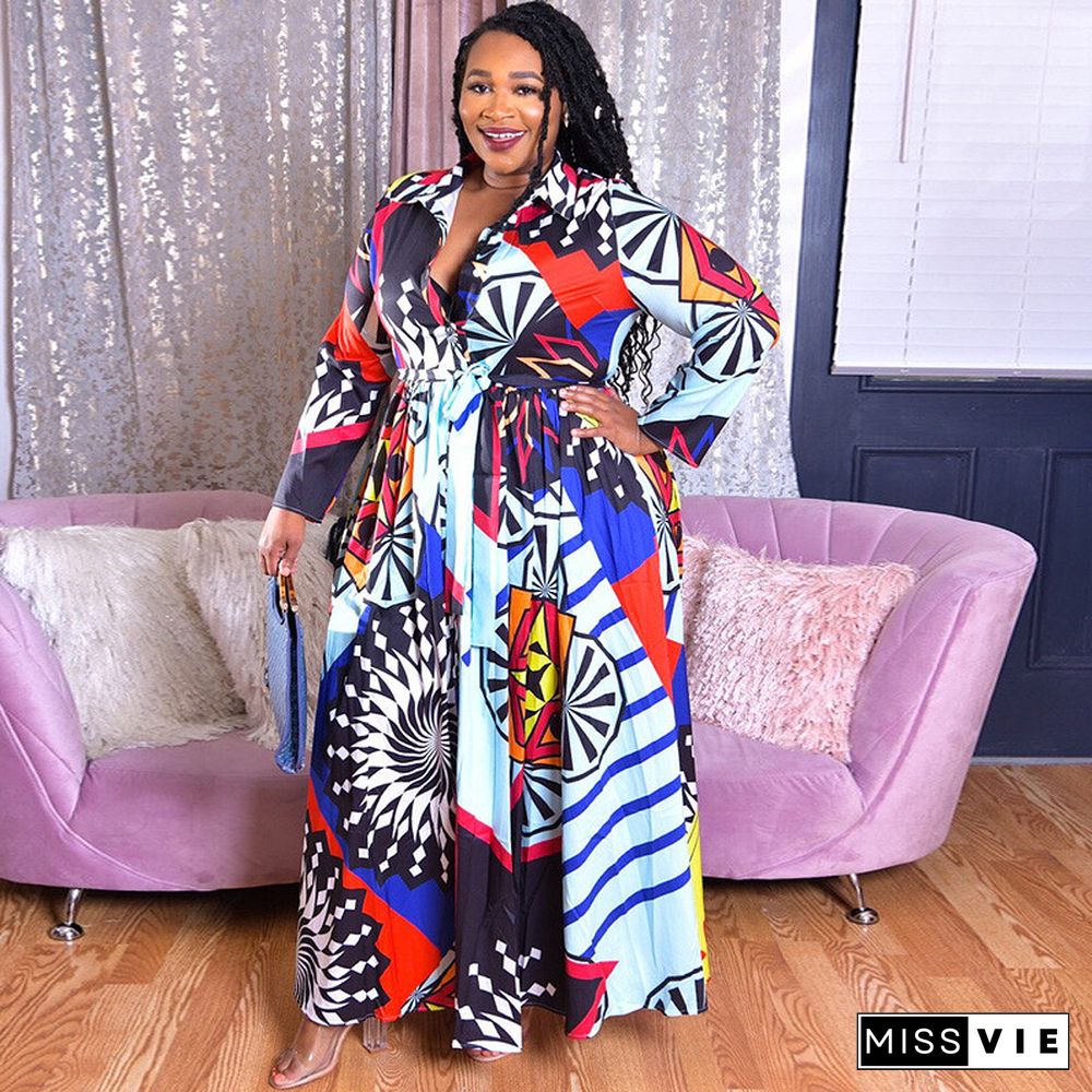 Fashion Printing Full Sleeves Hem Plus Size Long Dress