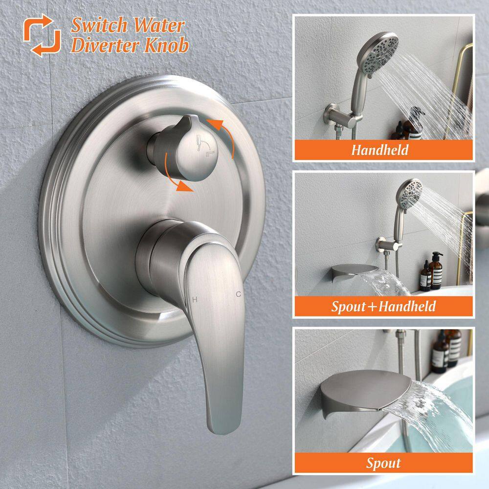 Satico Single-Handle Wall Mount Roman Tub Faucet with Round Hand Shower in Brushed Nickel (Valve Included) SS88031DA