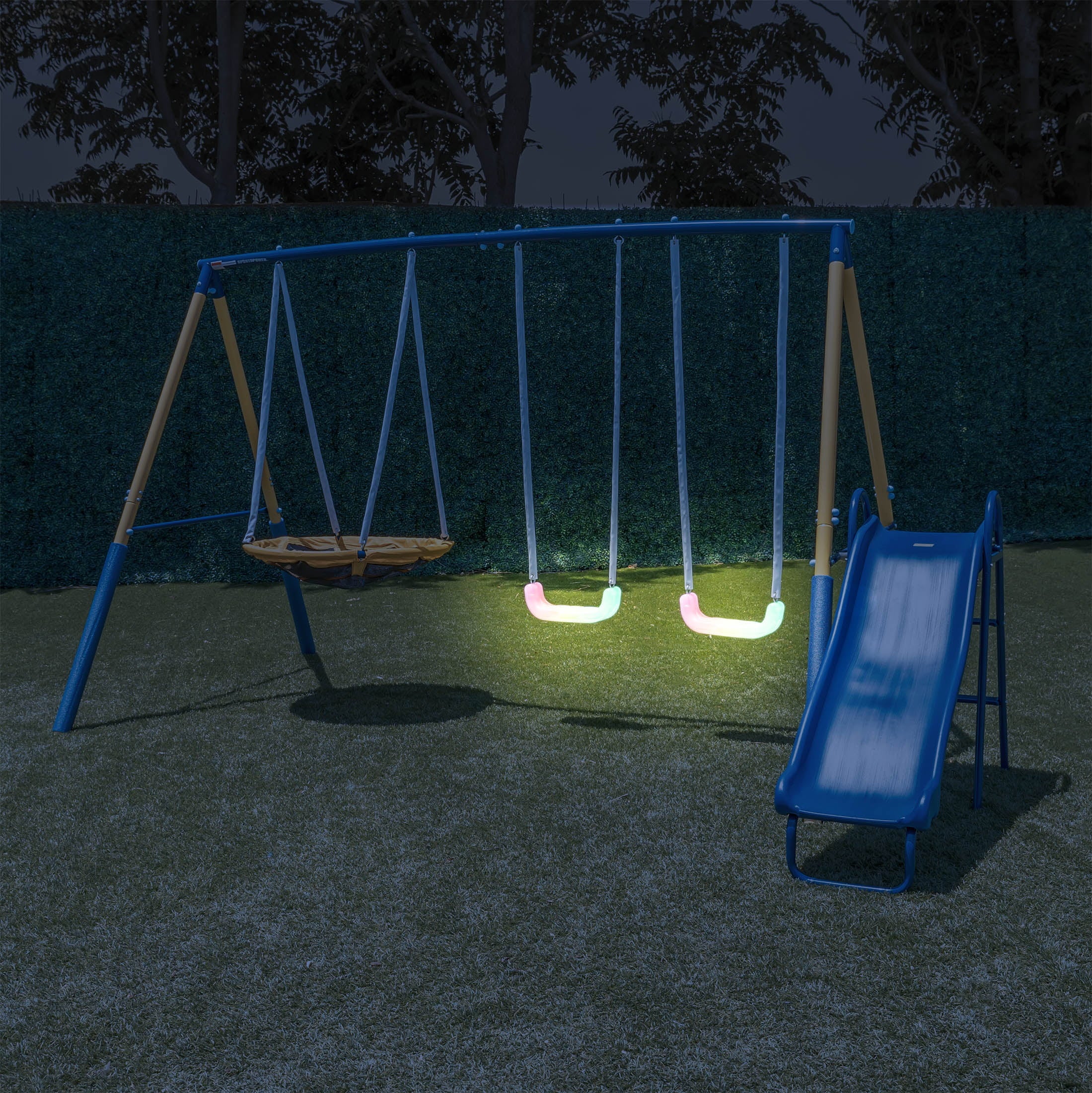 Sportspower Starlight Metal Swing Set with 2 LED Swings， Saucer Swing， 5ft Slide and Anchor Kit