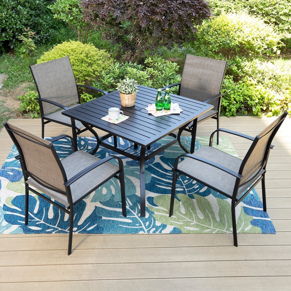 5 Piece Patio Dining Set  37 Inch Square Metal Table and 4 Textilene Dining Chairs