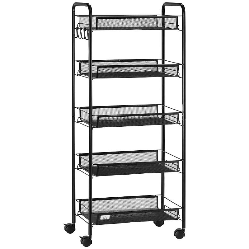 HOMCOM 5 Tier Utility Rolling Cart， Metal Storage Cart， Kitchen Cart with Removable Mesh Baskets， for Living Room， Laundry， Garage and Bathroom， Black