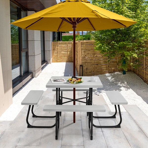 Outdoor Picnic Table with 4 Benches and Umbrella Hole