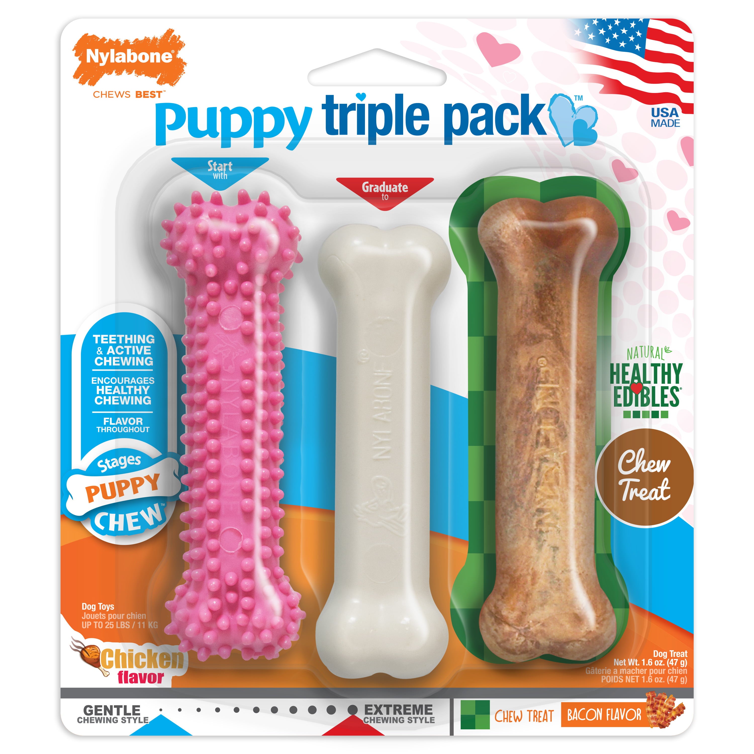 Nylabone Puppy Chew Variety Toy and Treat Triple Pack Pink Small/Regular (3 Count)