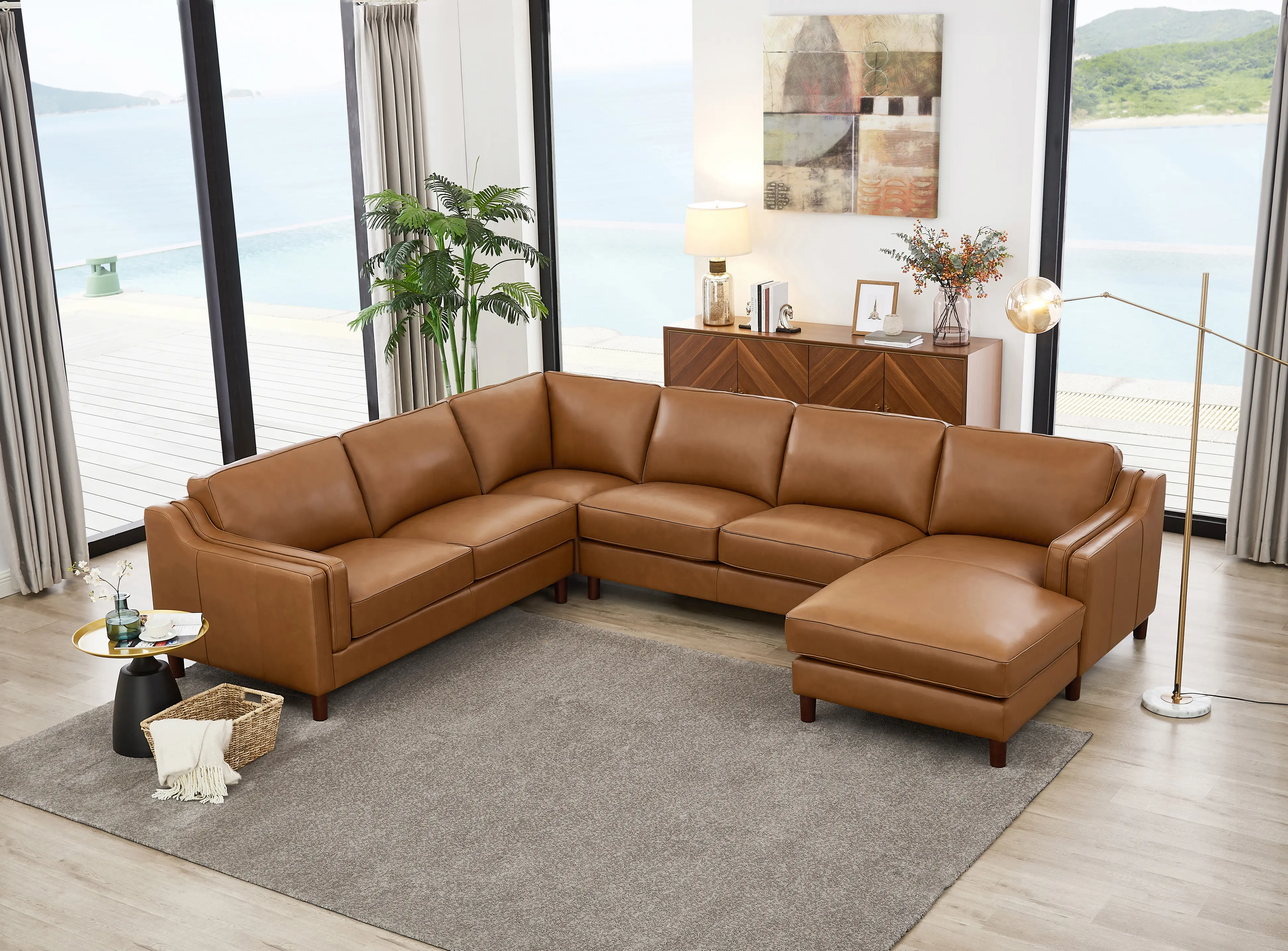 Ballari Cognac Brown Leather 4 Piece Sectional with Right-Facing Chaise