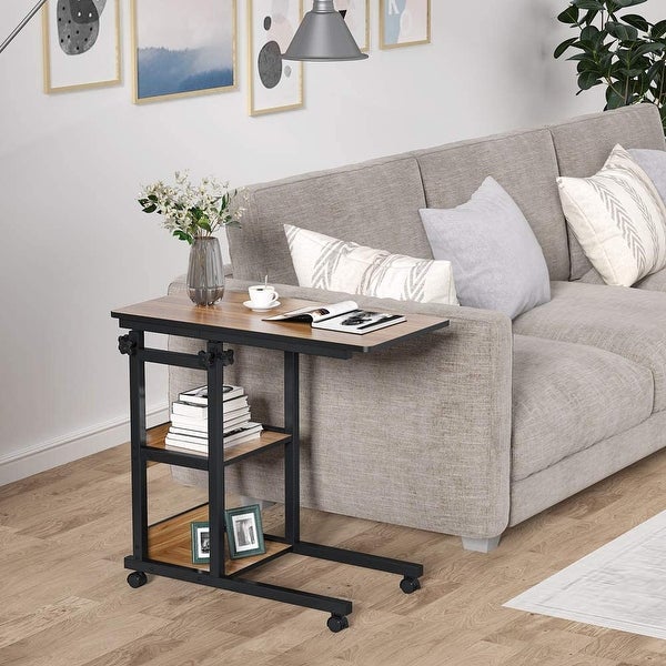 Height Adjustable C Table with Storage Shelves and Wheels， Mobile Sofa Side Table End Table Snack Table