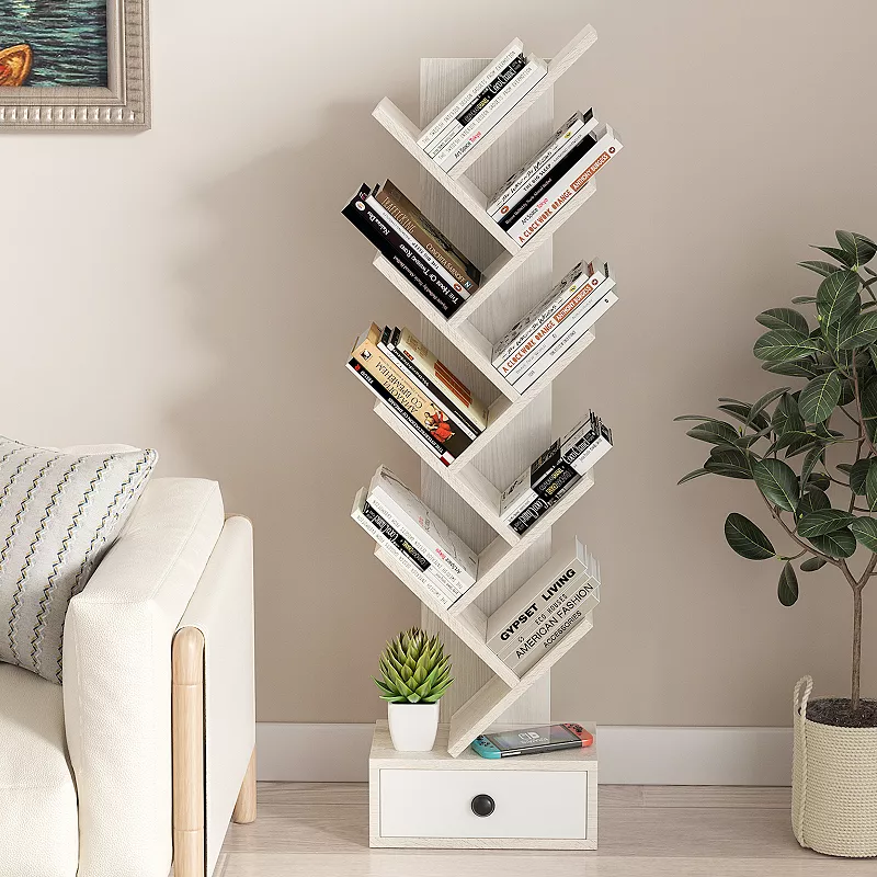 10-Tier Tree Bookshelf with Drawer and Anti-Tipping Kit