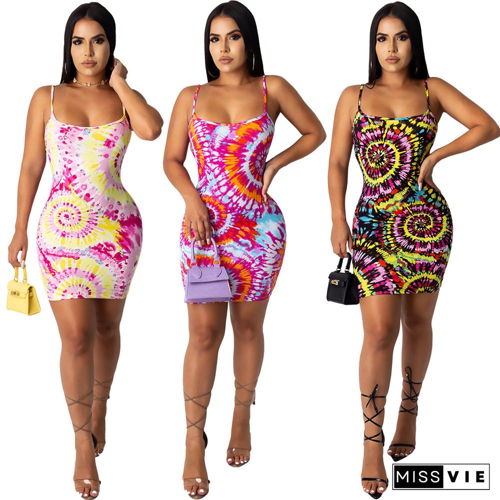 Casual Tie-Dye Colorful Print Loose Halter Dress